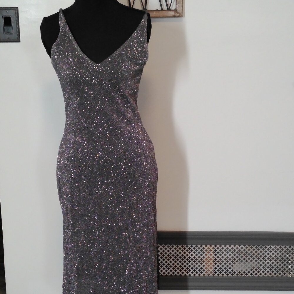 Studio Y Metallic Lurex Sleeveless Bodycon Midi Dress Silver Gray USA  Size S